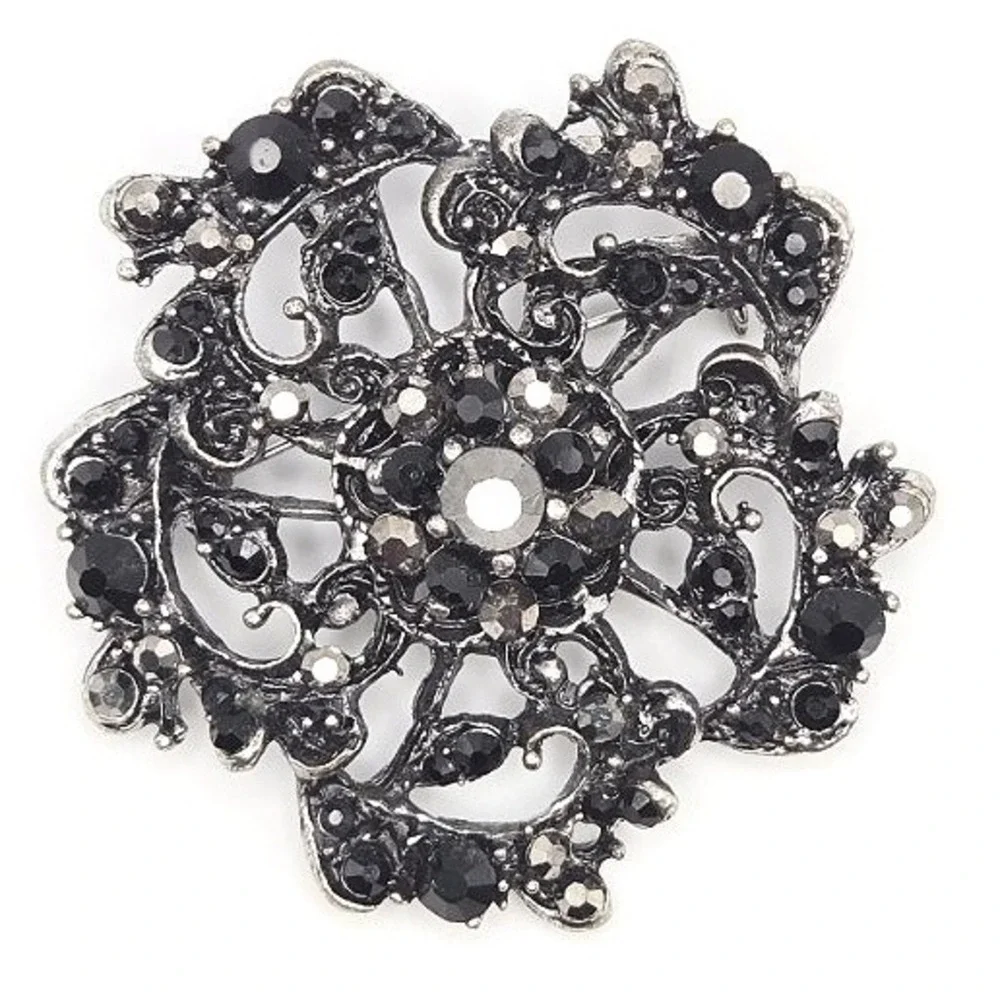 Vintage Style Black Rhinestone Brooch Pin Flower Embellished Costume Jewelry